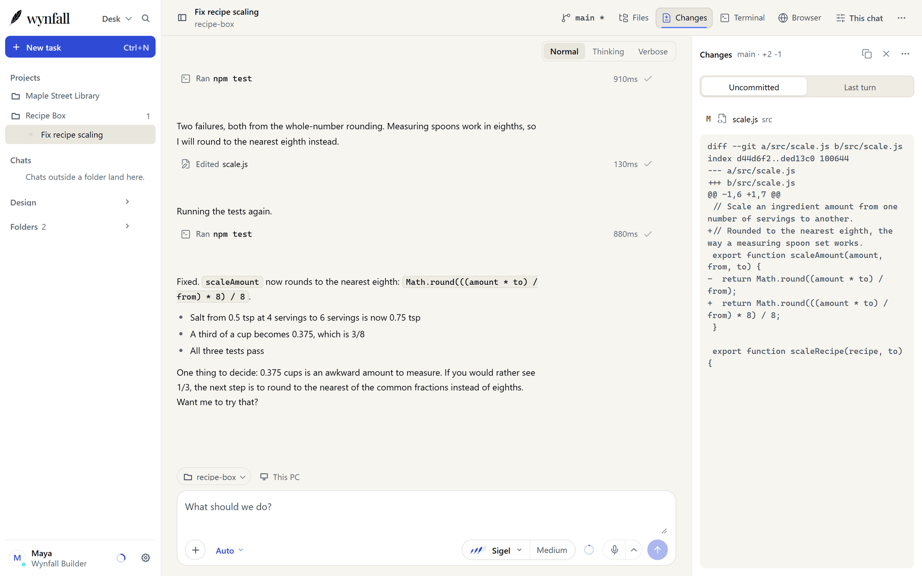 Wynfall Desktop on a small recipe project. The model ran the tests, edited one file and ran them again, and the Changes panel shows the one line that changed.