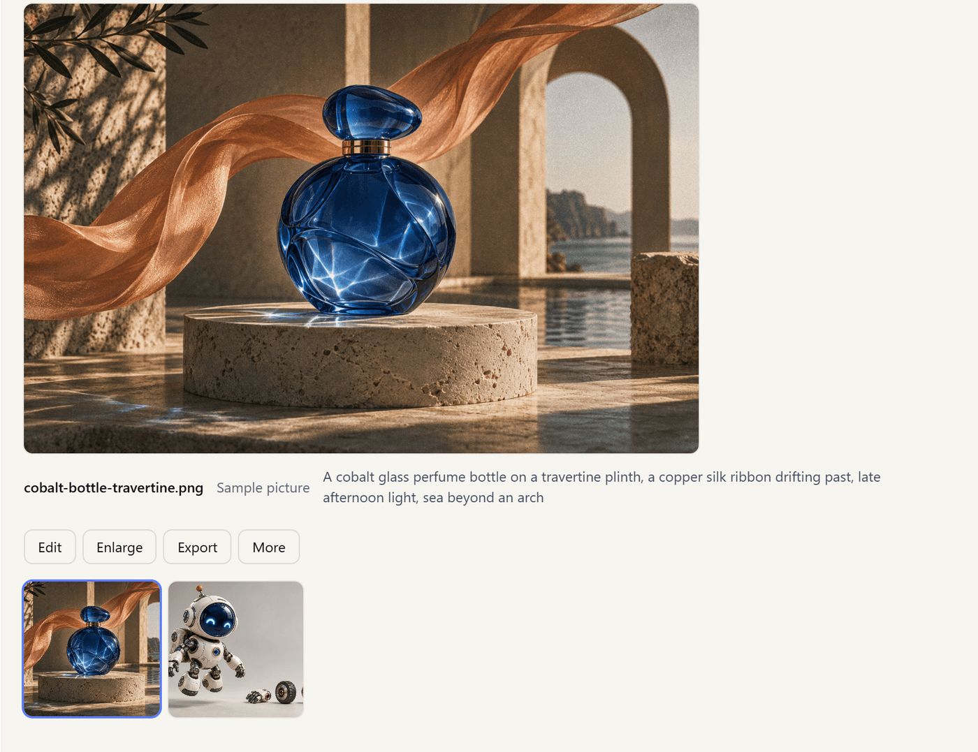 The Design screen showing a large picture of a blue glass bottle on a stone plinth, with a thumbnail row below and buttons to edit, enlarge and export.