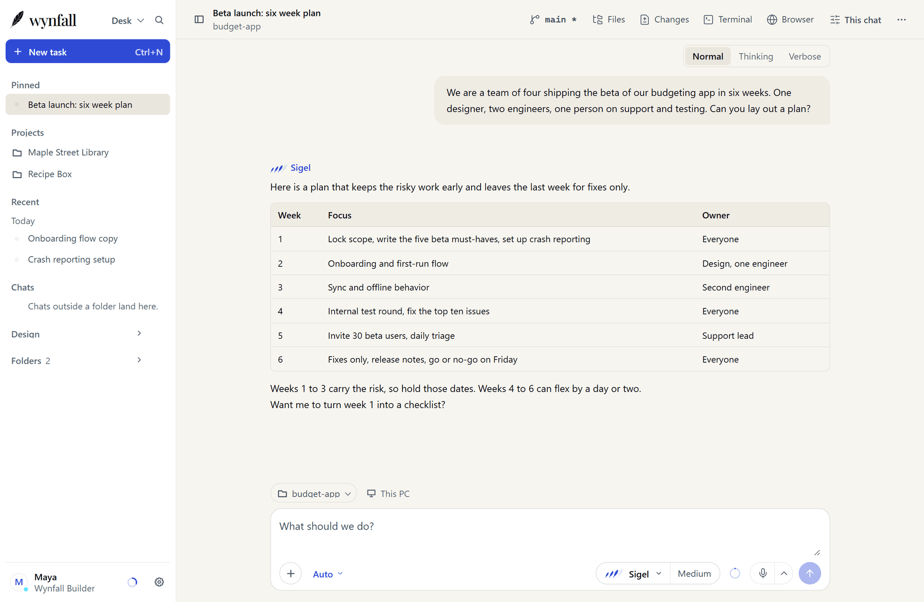 Wynfall Desktop with a chat open. The sidebar lists pinned chats and projects, and Sigel has answered with a six week plan in a table.