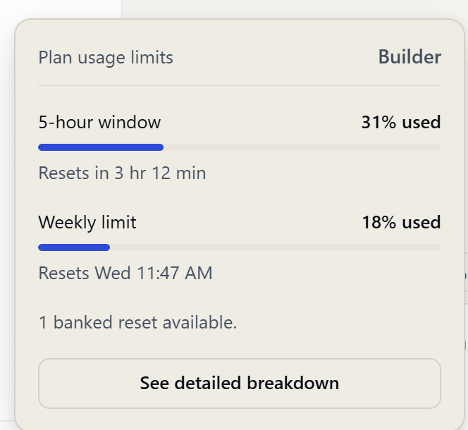 The Desktop usage popover for a Builder plan: a five-hour window at 31 percent and a weekly limit at 18 percent, each with the time it resets.