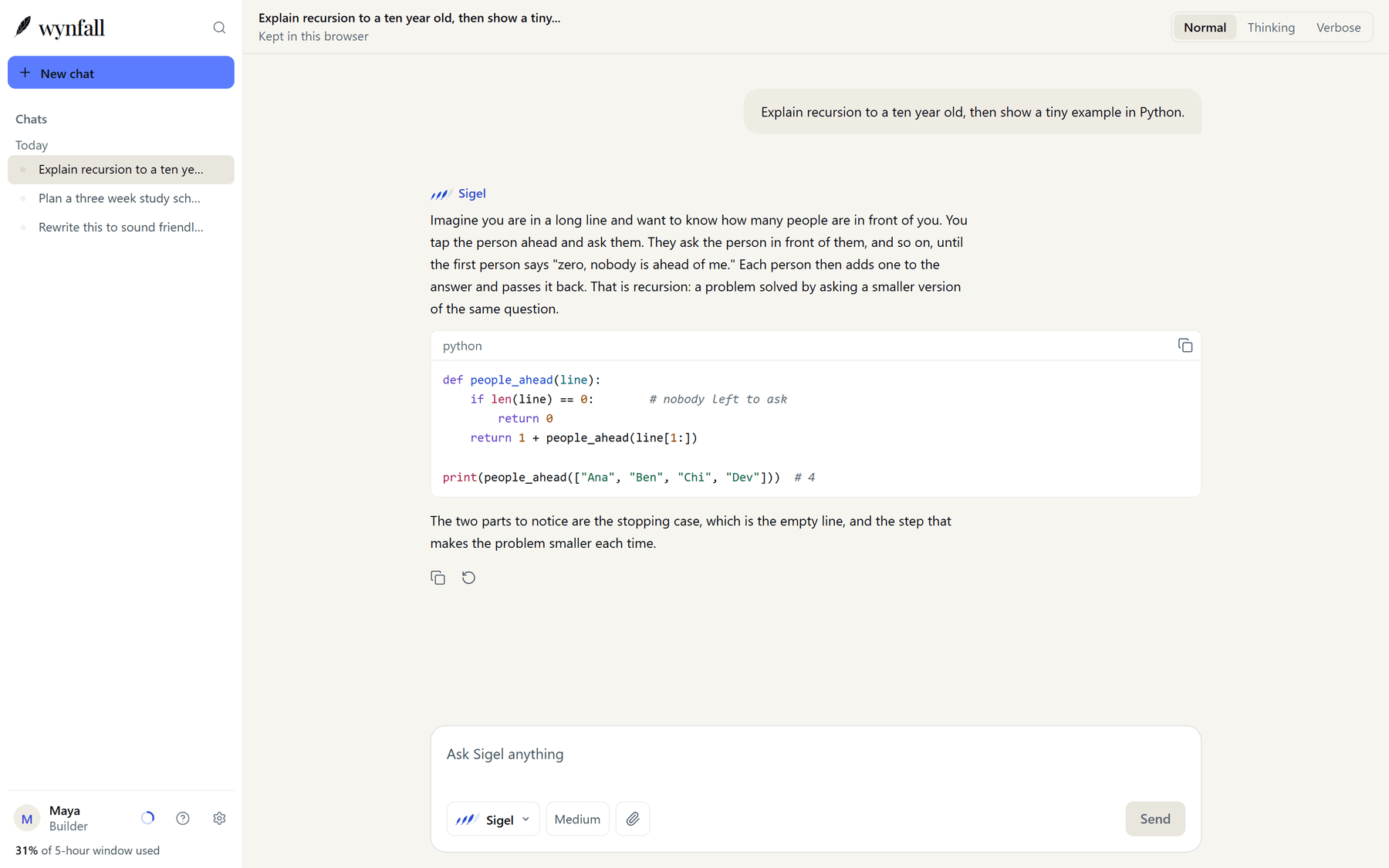 chat.wynfall.dev with a conversation open. Sigel has explained recursion in plain words and shown a short Python example with the code highlighted. Earlier chats are listed on the left.