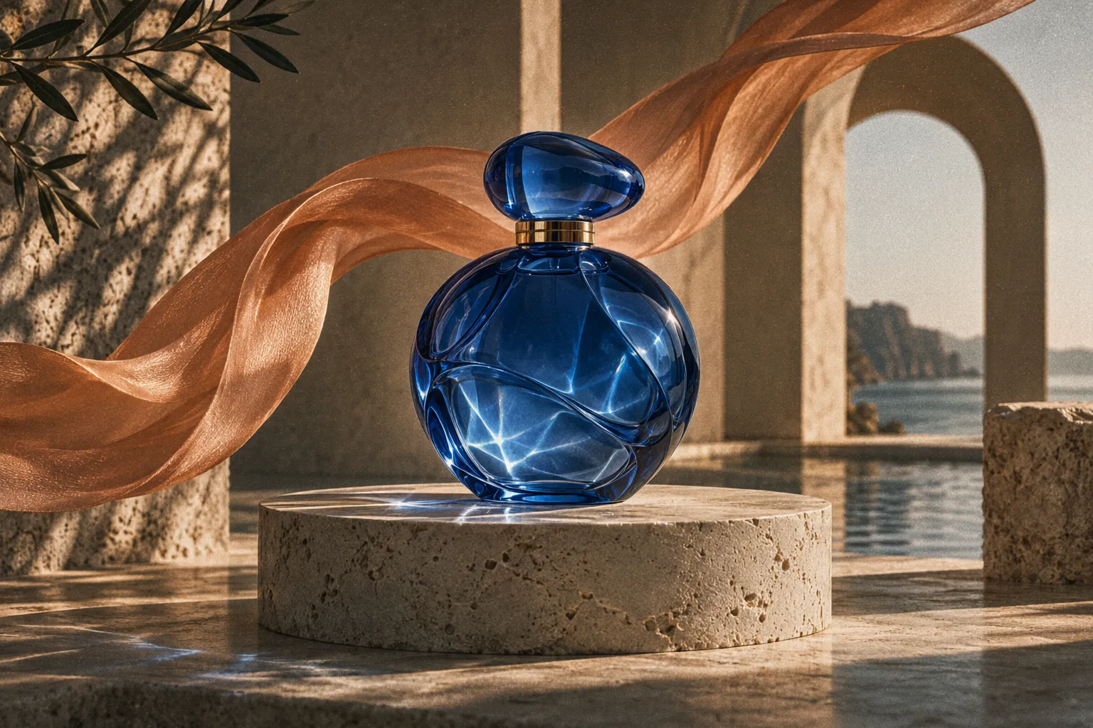 An image generated by Wynfall Image v1: a cobalt glass bottle on travertine, framed by flowing fabric and sunlit arches.